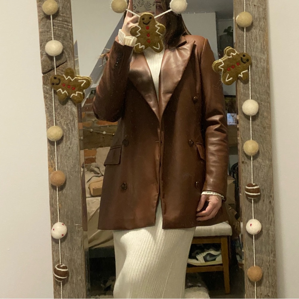 7 For All Mankind Brown quiet luxury Faux Leather Double Breasted Jacket